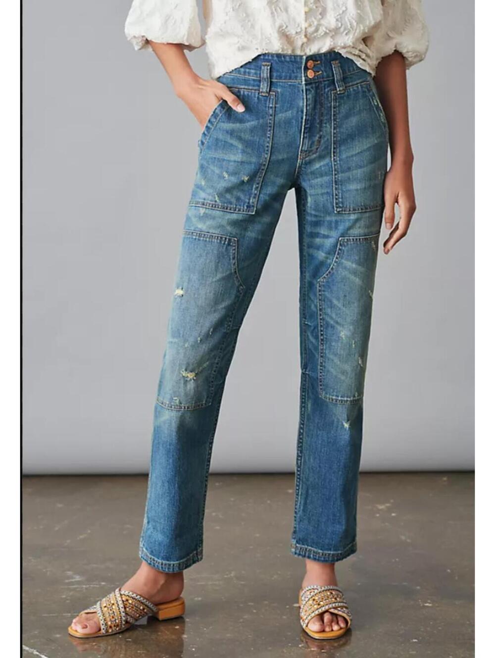 PILCRO the Wanderer dark wash distressed barrel jeans sz 29